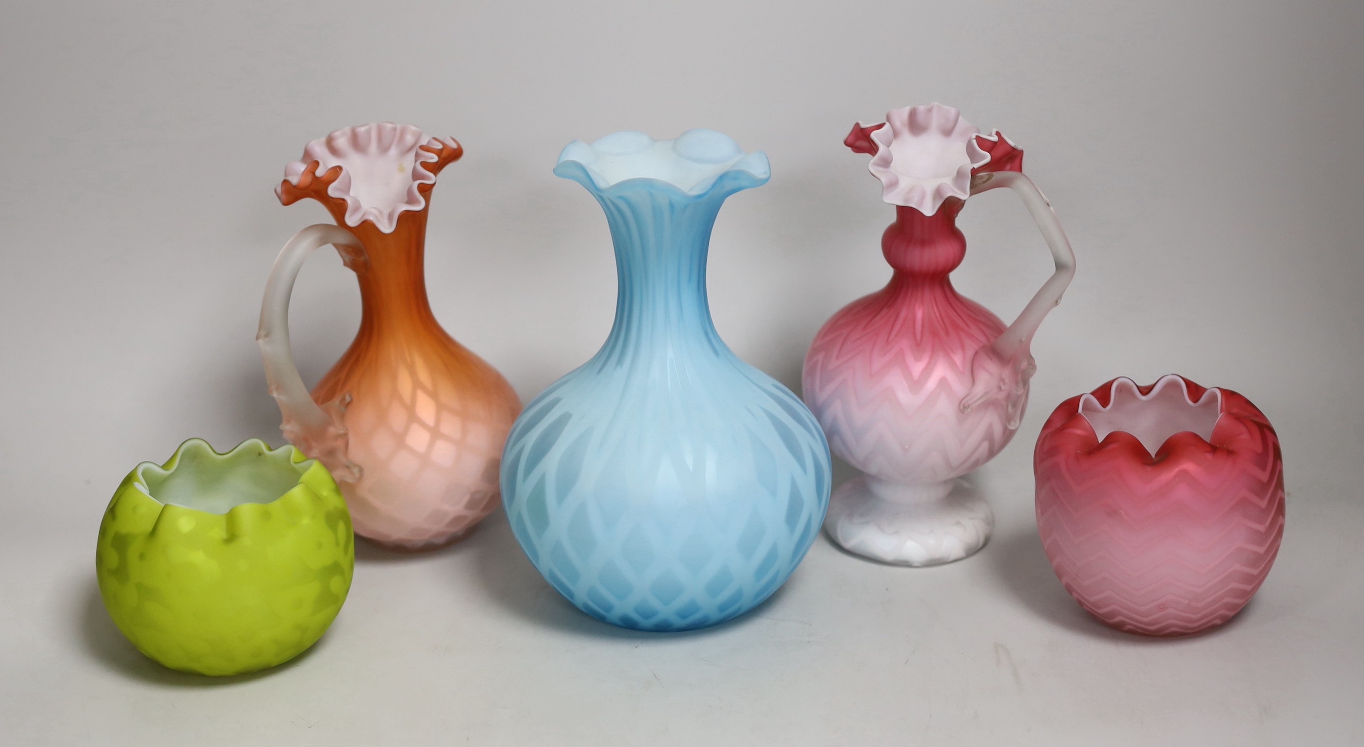 Five satin glass vases and ewers. Tallest 19cm